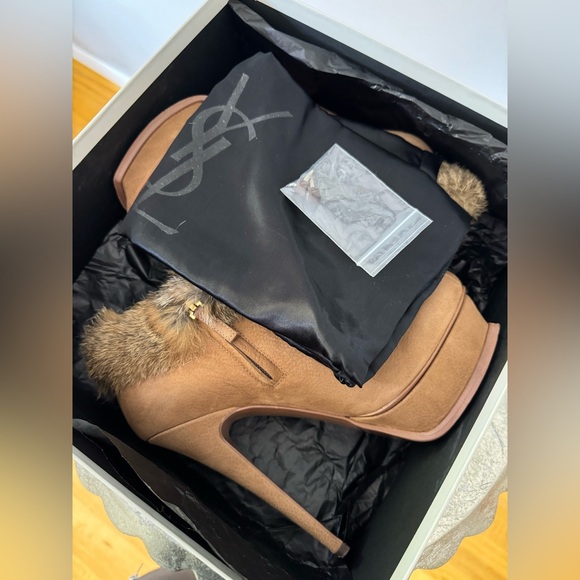 YSL - Tan Tribute Suede Booties w/ Fur Cuffs - Picture 15 of 15